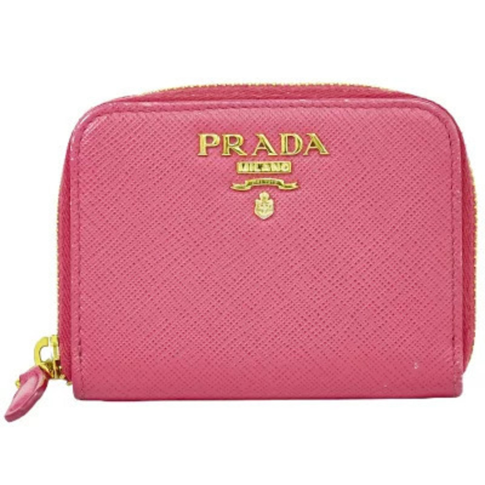 Prada Saffiano Leather Round Zipper Coin Purse Wallet Pink